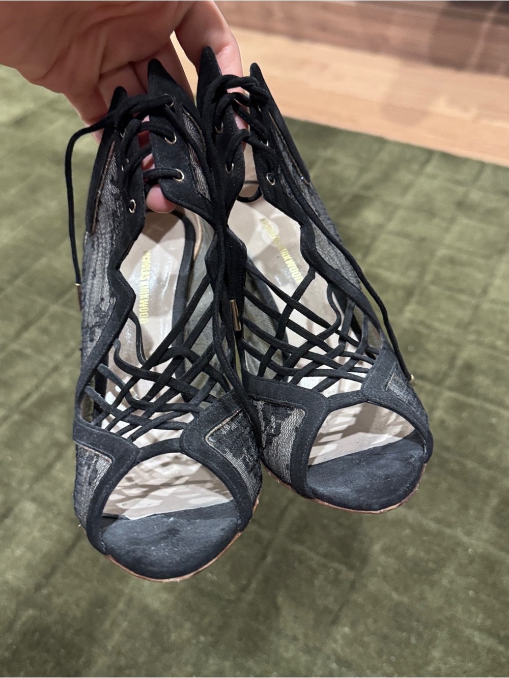 Nicholas Kirkwood Black Suede and Lace Lace-Up Peep-Toe Stiletto - 39 - Picture 3 of 13
